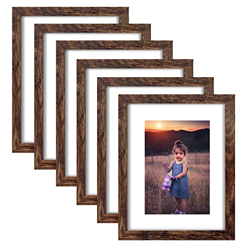 ZIRANLING 8x10 Picture Frame Rustic Brown Wood Set of 6,Display Pictures 5x7 with Mat or 8x10 Without Mat,Multi Photo Frames Collage for Wall or Tabletop Display