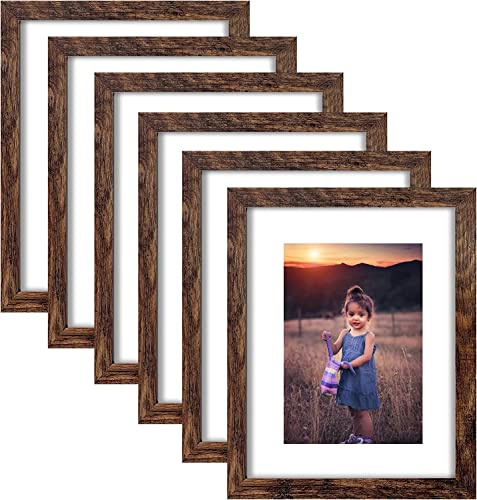 ZIRANLING 11x14 Picture Frame Rustic Brown Wood Set of 6,Display Pictures 8x10 with Mat or 11x14 Without Mat,Multi Photo Frames Collage for Wall