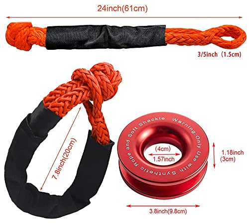 BNEEN Soft Shackle, 1/2" X 24 Inch with Winch Snatch Recovery Ring for ATV UTV SUV Truck Recovery (56000 LBS, 1 Pack Red Ring, 2 Pack Orange Shackle)