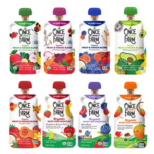 once upon a farm | organic farmer's finest sampler | mango, veggie, strawberry, blueberry, avocado, kale apple, strawberry banana, berry | cold-pressed | no sugar added | dairy-free plant based | variety pack of 24