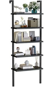awqm black bookshelf, 5 tier modern bookcase,wood wall mounted bookshelf,industrial ladder shelf with stable metal frame,open display rack storage shelves for living room/home/office