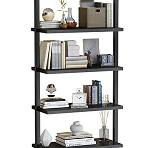 AWQM Black Bookshelf, 5 Tier Modern Bookcase,Wood Wall Mounted Bookshelf,Industrial Ladder Shelf with Stable Metal Frame,Open Display Rack Storage Shelves for Living Room/Home/Office