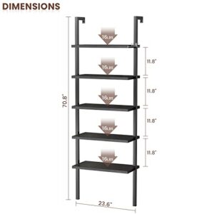 AWQM Black Bookshelf, 5 Tier Modern Bookcase,Wood Wall Mounted Bookshelf,Industrial Ladder Shelf with Stable Metal Frame,Open Display Rack Storage Shelves for Living Room/Home/Office