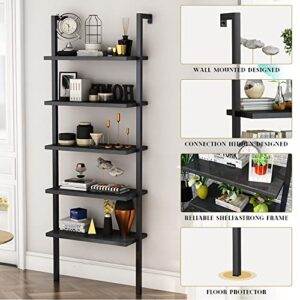 AWQM Black Bookshelf, 5 Tier Modern Bookcase,Wood Wall Mounted Bookshelf,Industrial Ladder Shelf with Stable Metal Frame,Open Display Rack Storage Shelves for Living Room/Home/Office