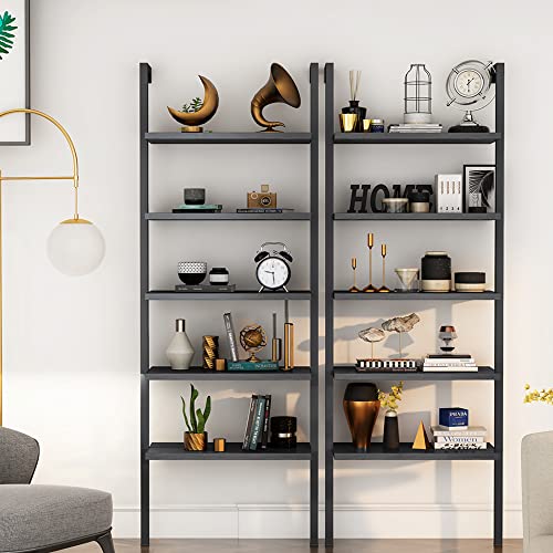 AWQM Black Bookshelf, 5 Tier Modern Bookcase,Wood Wall Mounted Bookshelf,Industrial Ladder Shelf with Stable Metal Frame,Open Display Rack Storage Shelves for Living Room/Home/Office