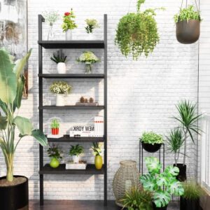 AWQM Black Bookshelf, 5 Tier Modern Bookcase,Wood Wall Mounted Bookshelf,Industrial Ladder Shelf with Stable Metal Frame,Open Display Rack Storage Shelves for Living Room/Home/Office