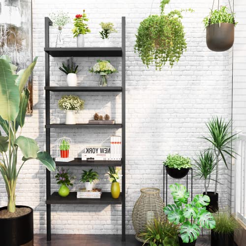 AWQM Black Bookshelf, 5 Tier Modern Bookcase,Wood Wall Mounted Bookshelf,Industrial Ladder Shelf with Stable Metal Frame,Open Display Rack Storage Shelves for Living Room/Home/Office