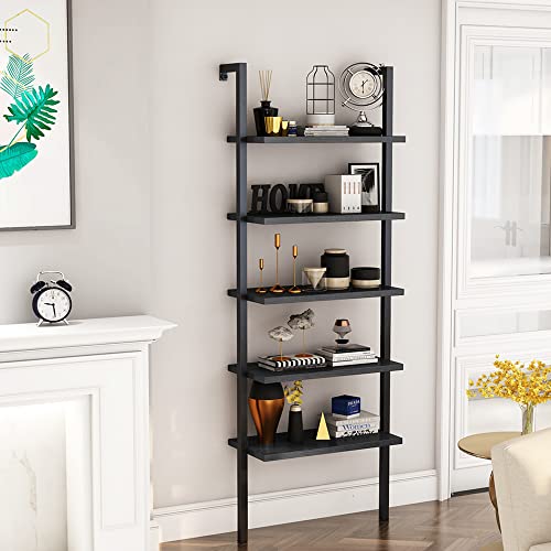 AWQM Black Bookshelf, 5 Tier Modern Bookcase,Wood Wall Mounted Bookshelf,Industrial Ladder Shelf with Stable Metal Frame,Open Display Rack Storage Shelves for Living Room/Home/Office