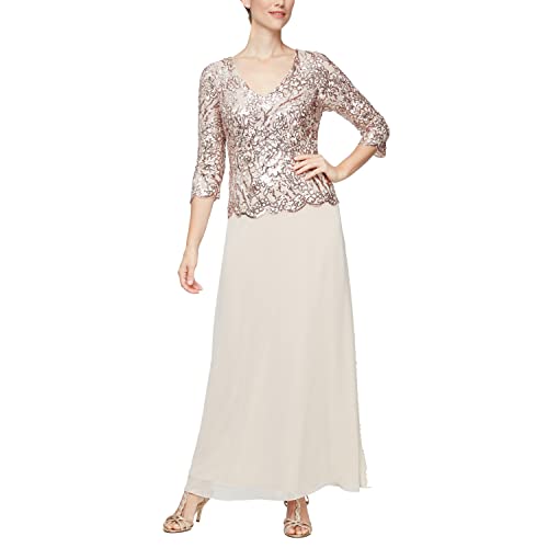 Alex Evenings Women's Long Sequin Lace Mock Dress (Petite and Regular Sizes), Sand, 16