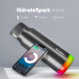 Hidrate Spark PRO Smart Water Bottle – Insulated Stainless Steel – Tracks Water Intake with Bluetooth, LED Glow Reminder When You Need to Drink – Chug Lid, 32oz, Brushed Steel