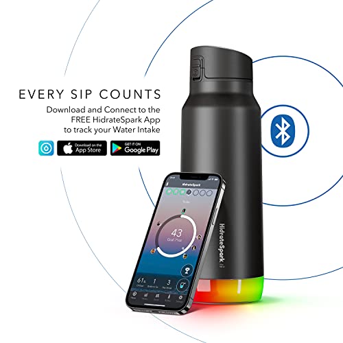 Hidrate Spark PRO Smart Water Bottle – Insulated Stainless Steel – Tracks Water Intake with Bluetooth, LED Glow Reminder When You Need to Drink – Chug Lid, 32oz, Black