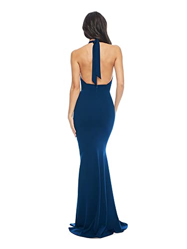 Dress the Population Women's Camden Halter Chiffon Maxi Dress, Peacock Blue, Medium