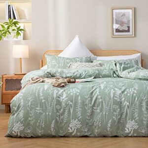 janzaa 3 pieces duvet cover, queen, sage green, floral comforter cover with zipper closure 4 ties (2 pillow cases)