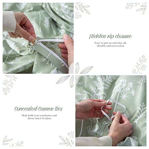 JANZAA 3 Pieces Duvet Cover, Queen, Sage Green, Floral Comforter Cover with Zipper Closure 4 Ties (2 Pillow Cases)