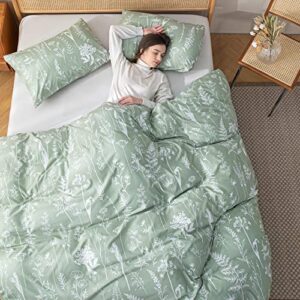 JANZAA 3 Pieces Duvet Cover, Queen, Sage Green, Floral Comforter Cover with Zipper Closure 4 Ties (2 Pillow Cases)
