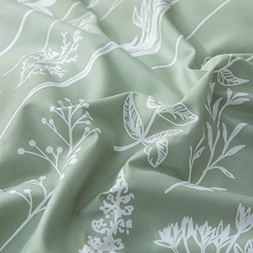 JANZAA 3 Pieces Duvet Cover, Queen, Sage Green, Floral Comforter Cover with Zipper Closure 4 Ties (2 Pillow Cases)