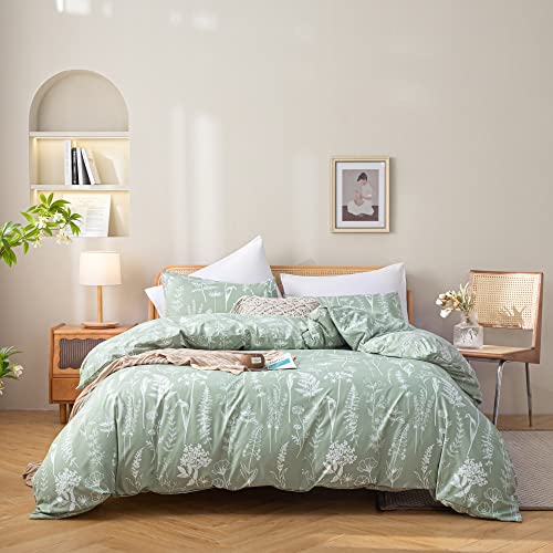 JANZAA 3 Pieces Duvet Cover, Queen, Sage Green, Floral Comforter Cover with Zipper Closure 4 Ties (2 Pillow Cases)