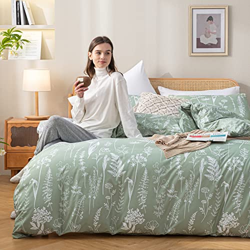 JANZAA 3 Pieces Duvet Cover, Queen, Sage Green, Floral Comforter Cover with Zipper Closure 4 Ties (2 Pillow Cases)