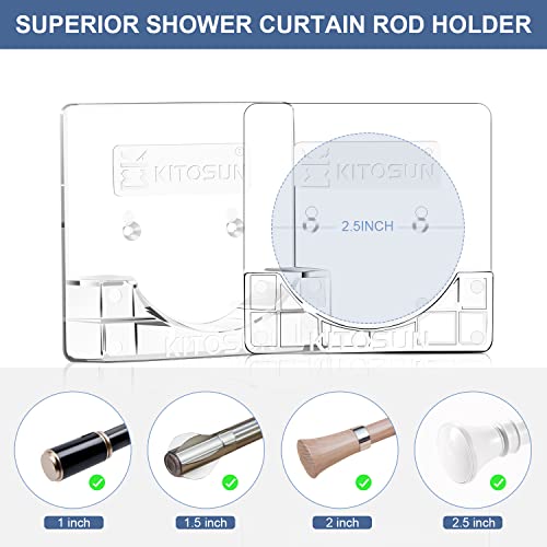 Adhesive Shower Curtain Rod Holder – Kitosun Wall Mount Bathroom Tension Pole Retainer Brackets with Sticky Tape for Quick Stick on and Stainless Steel Screws for Drilling Installation (Transparent)