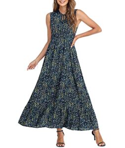 czyinxian women’s sleeveless maxi dress floral printed tie neck long dress high waist pleated a line dresses for women(flower navy blue,medium)