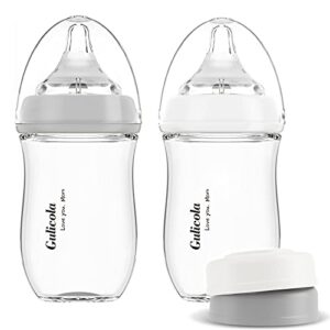 gulicola natural glass baby bottle for breastfed babies, medium flow, anti-colic, 3 months+, 5oz, 2 count(grey white)