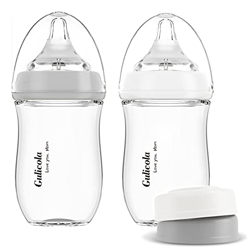 Gulicola Natural Glass Baby Bottle for Breastfed Babies, Medium Flow, Anti-Colic, 3 Months+, 5oz, 2 Count(Grey White)