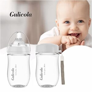 Gulicola Natural Glass Baby Bottle for Breastfed Babies, Medium Flow, Anti-Colic, 3 Months+, 5oz, 2 Count(Grey White)