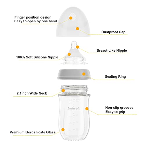 Gulicola Natural Glass Baby Bottle for Breastfed Babies, Medium Flow, Anti-Colic, 3 Months+, 5oz, 2 Count(Grey White)