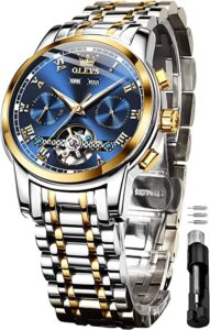 olevs watches for men automatic mechanical self winding blue dress tourbillon stainless steel dual calendar waterproof luminous wrist watch