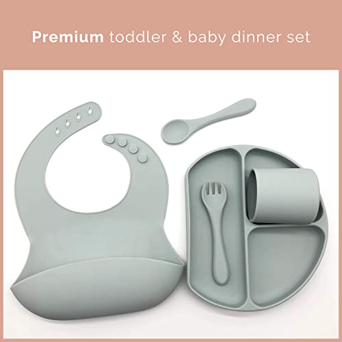 Baby Silicone Feeding Set - Baby Led Weaning Set - Baby Bib, Suction Divided Plate, Dinnerware Cup, Soft Baby Spoon & Fork - Food Grade Silicone, Toddler Utensils Plates, Baby Feeding Supplies