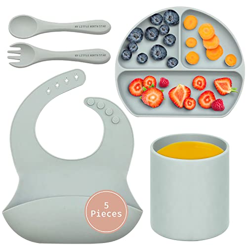 Baby Silicone Feeding Set - Baby Led Weaning Set - Baby Bib, Suction Divided Plate, Dinnerware Cup, Soft Baby Spoon & Fork - Food Grade Silicone, Toddler Utensils Plates, Baby Feeding Supplies