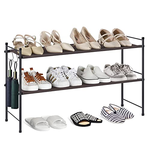 smusei 2 Tier Shoe Rack for Closet Freestanding Sturdy Fabric Shoe Rack Entryway Storage Organizer Shelf with 2 Metal Hooks, Door, Dorm Room, Bronze