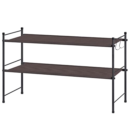 smusei 2 Tier Shoe Rack for Closet Freestanding Sturdy Fabric Shoe Rack Entryway Storage Organizer Shelf with 2 Metal Hooks, Door, Dorm Room, Bronze