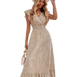 MakeMeChic Women's Allover Print Ruffle Sleeve V Neck Ruffle Hem A Line Summer Maxi Dress Khaki XS