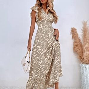 MakeMeChic Women's Allover Print Ruffle Sleeve V Neck Ruffle Hem A Line Summer Maxi Dress Khaki XS