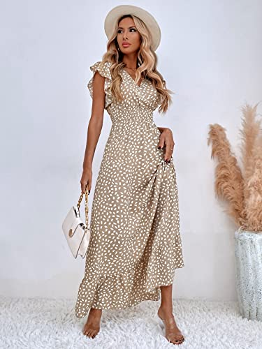 MakeMeChic Women's Allover Print Ruffle Sleeve V Neck Ruffle Hem A Line Summer Maxi Dress Khaki XS