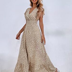 MakeMeChic Women's Allover Print Ruffle Sleeve V Neck Ruffle Hem A Line Summer Maxi Dress Khaki XS