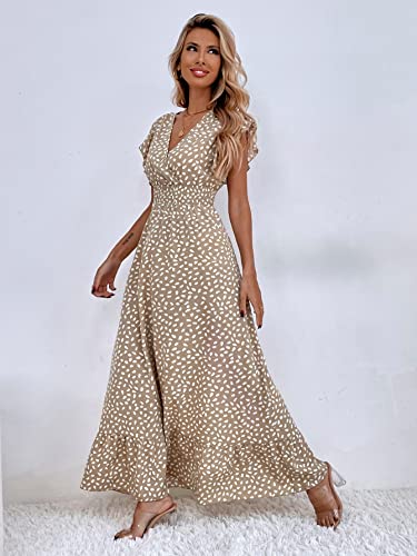 MakeMeChic Women's Allover Print Ruffle Sleeve V Neck Ruffle Hem A Line Summer Maxi Dress Khaki XS