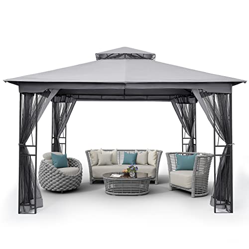 HAPPATIO 10' X 12' Outdoor Patio Gazebo, Outdoor Canopy Gazebo for Garden,Yard,Patio with Ventilation Double Roof with Mosquito Netting,Gray