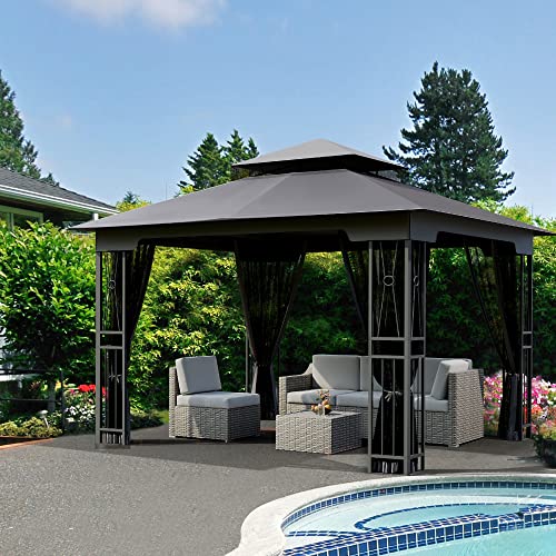 HAPPATIO 10' X 12' Outdoor Patio Gazebo, Outdoor Canopy Gazebo for Garden,Yard,Patio with Ventilation Double Roof with Mosquito Netting,Gray