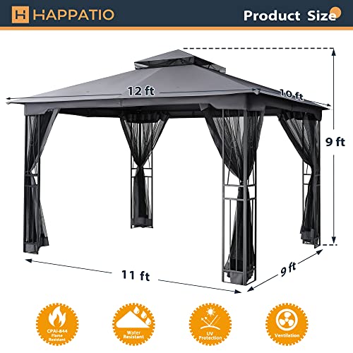 HAPPATIO 10' X 12' Outdoor Patio Gazebo, Outdoor Canopy Gazebo for Garden,Yard,Patio with Ventilation Double Roof with Mosquito Netting,Gray