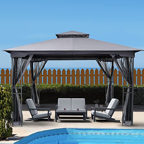 HAPPATIO 10' X 12' Outdoor Patio Gazebo, Outdoor Canopy Gazebo for Garden,Yard,Patio with Ventilation Double Roof with Mosquito Netting,Gray