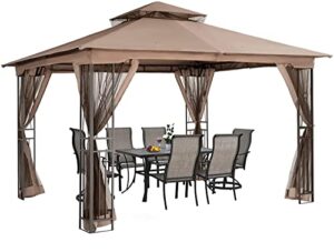 happatio 10' x 12' patio gazebo with ventilation double roof，outdoor gazebo with mosquito netting for lawn, garden (light brown)