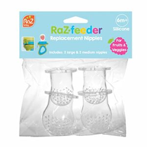 razbaby feeder pacifier replacement nipples (2 large & 2 medium) for fruits & vegetables, infant soothing teether toy 6m+, food-grade silicone pouch/nipple, dishwasher safe, bpa free, freezable 4 pack
