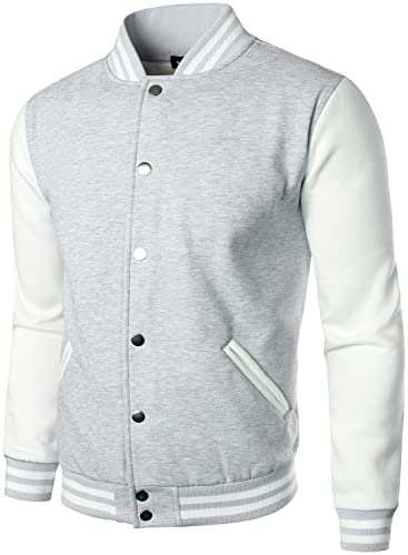 HOOD CREW Man’s Varsity Baseball Jacket Cotton Blend Letterman Jackets Lightgrey L