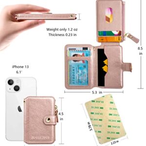 M-Plateau Phone Wallet, PU Leather Card Holder with Zipper Coin Pocket Compatible with iPhone 14 and iPhone Case for Women 3M Adhesive Phone Card Holder with Magnetic Closure(Pink)