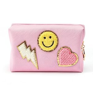 lietoi preppy patch small toiletry bag smile lightning heart pu leather portable waterproof makeup cosmetic bag daily use storage purse travel organizer compliant bag for women girls gift (pink)