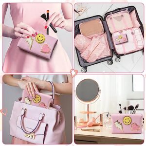 LieToi Preppy Patch Small Toiletry Bag Smile Lightning Heart PU Leather Portable Waterproof Makeup Cosmetic Bag Daily Use Storage Purse Travel Organizer Compliant Bag for Women Girls Gift (Pink)