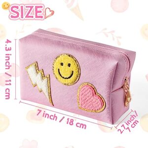 LieToi Preppy Patch Small Toiletry Bag Smile Lightning Heart PU Leather Portable Waterproof Makeup Cosmetic Bag Daily Use Storage Purse Travel Organizer Compliant Bag for Women Girls Gift (Pink)