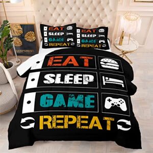 bodhi gaming comforter set full,gamer bedding sets for boys kids, eat sleep game repeat design comforter set,3 pieces microfiber game bed set (1 gamer comforter +2pillowcases)